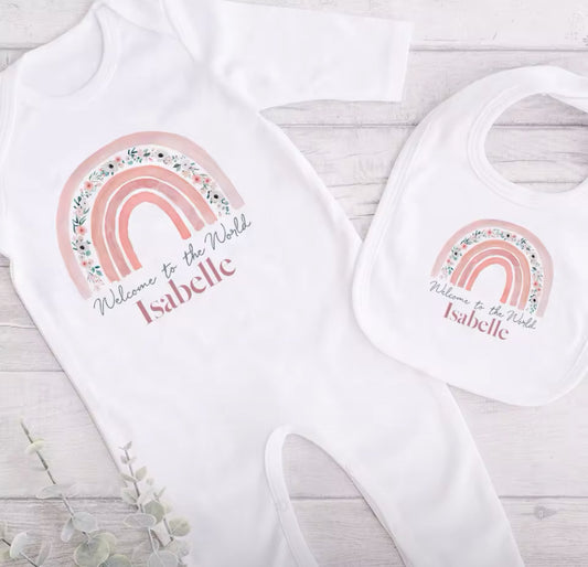 Personalised Hello World Babygrow Sleepsuit & Baby Bibs Set