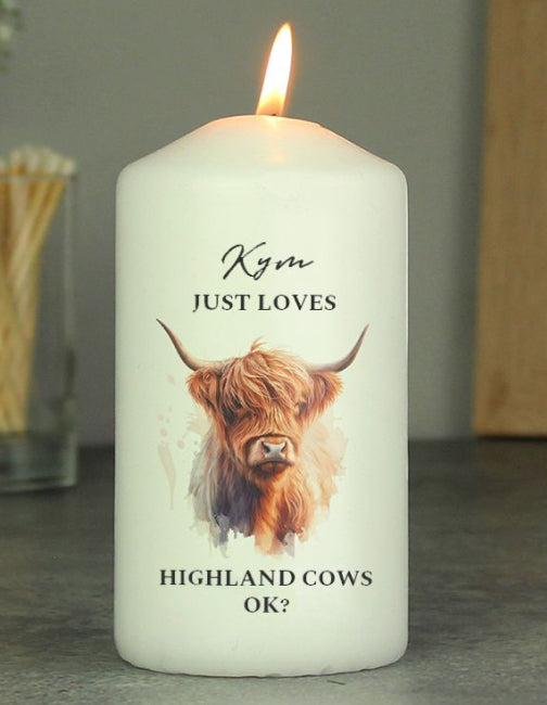 Personalised Highland Cow Pillar Candle