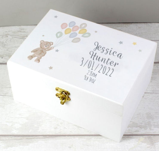 Personalised Teddy & Balloons White Wooden Keepsake Box