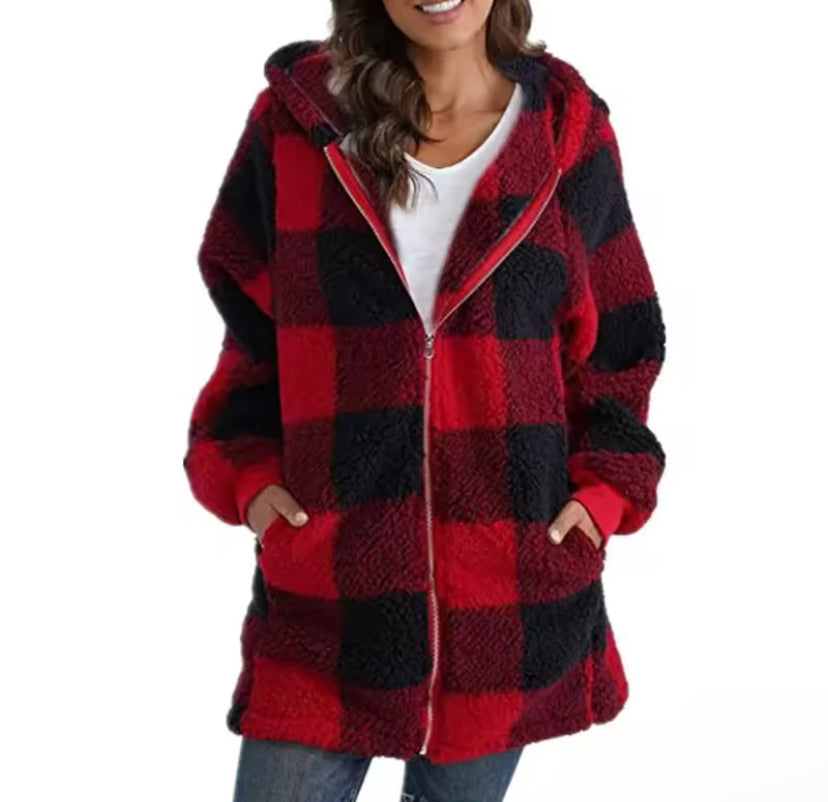 Long Sleeve Plaid Hooded Zipper Women's Jacket