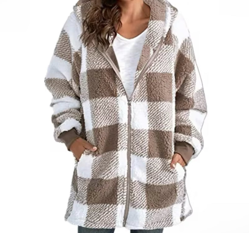 Long Sleeve Plaid Hooded Zipper Women's Jacket