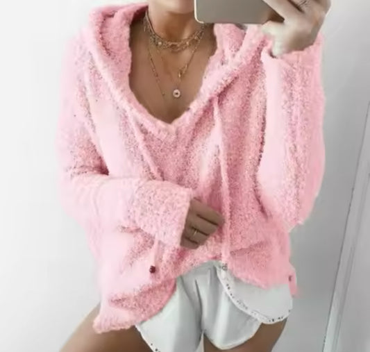 Hooded Pullovers V Neck Fleece Sweater