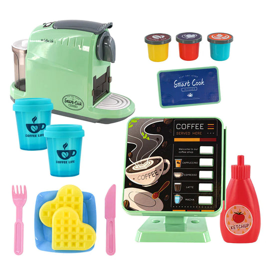 Kids Coffee Maker Machine Toy Kitchen Role Play Set with Cash Register Play Food