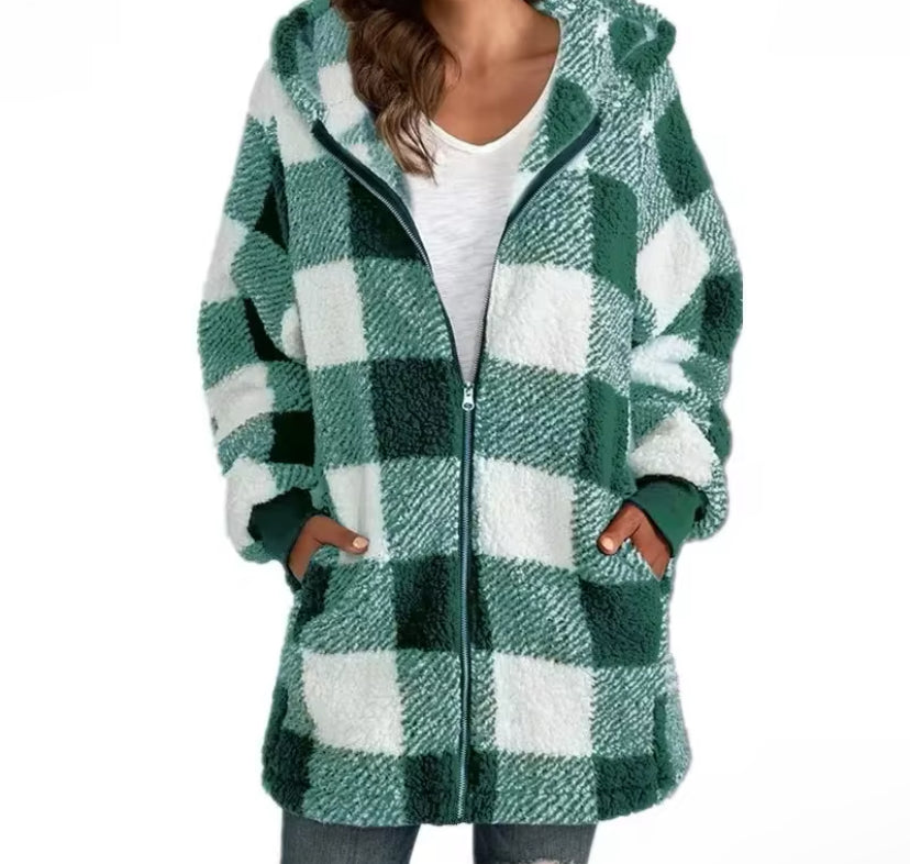 Long Sleeve Plaid Hooded Zipper Women's Jacket