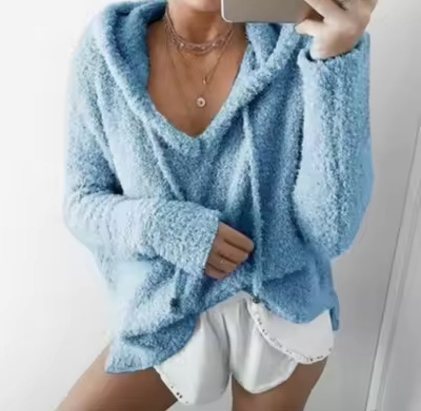 Hooded Pullovers V Neck Fleece Sweater