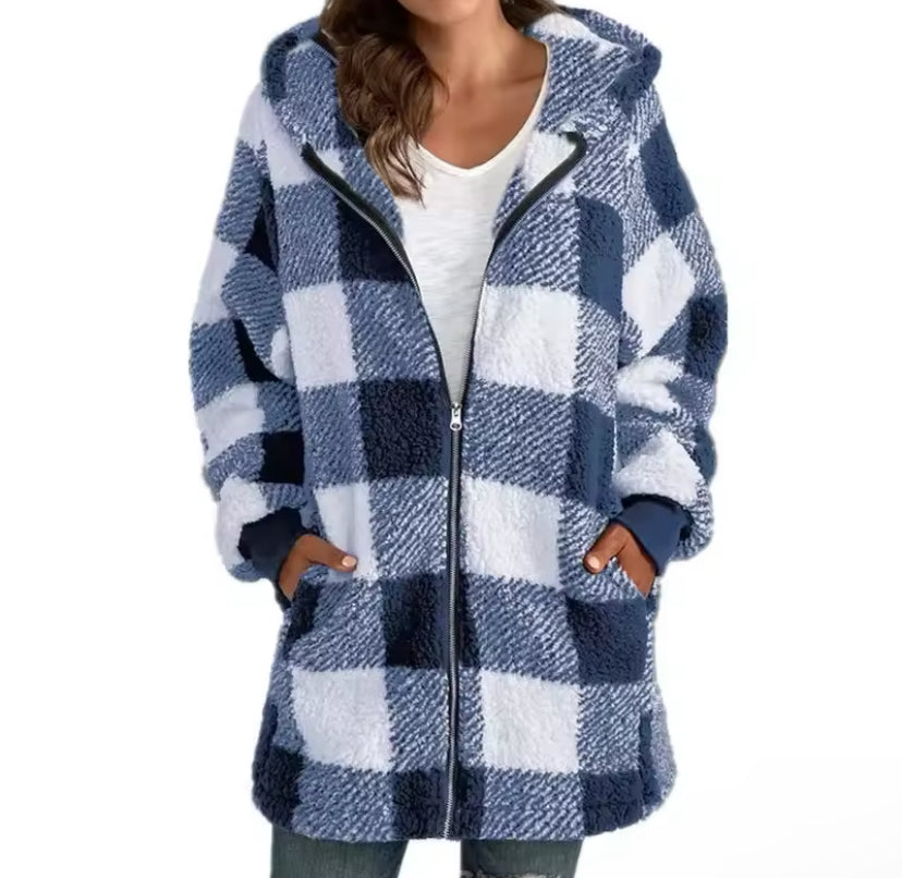 Long Sleeve Plaid Hooded Zipper Women's Jacket