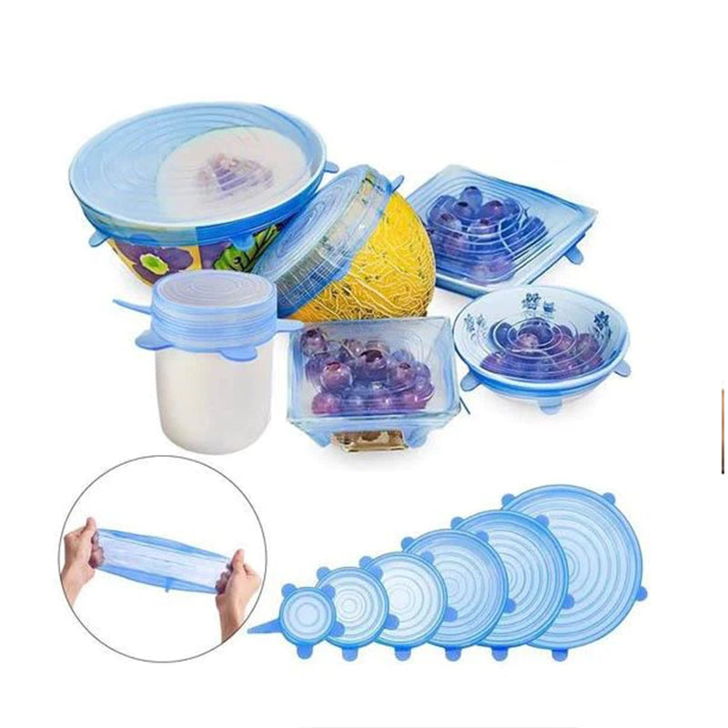 6pcs Microwave Safe Silicone Stretch Lids Flexible Bowl Covers - Transparent Blue