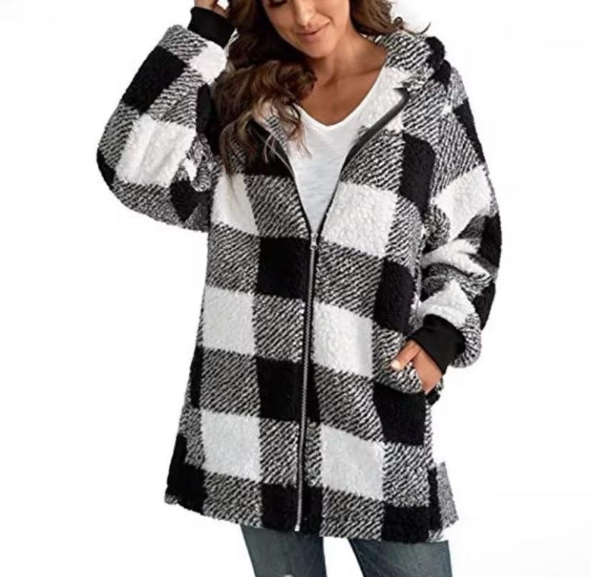 Long Sleeve Plaid Hooded Zipper Women's Jacket