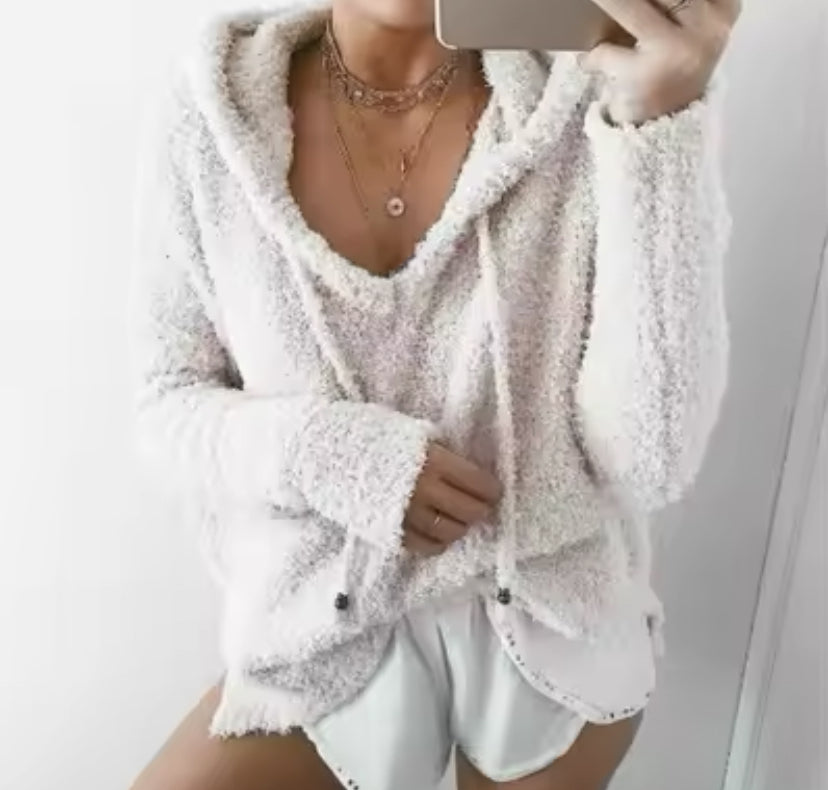 Hooded Pullovers V Neck Fleece Sweater