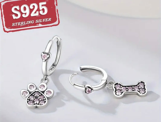 925 Sterling Silver Mismatched Drop Earrings Cute Paw & Bone Design Paved Zirconia Match Daily Outfits Party Accessories Gifts For Women