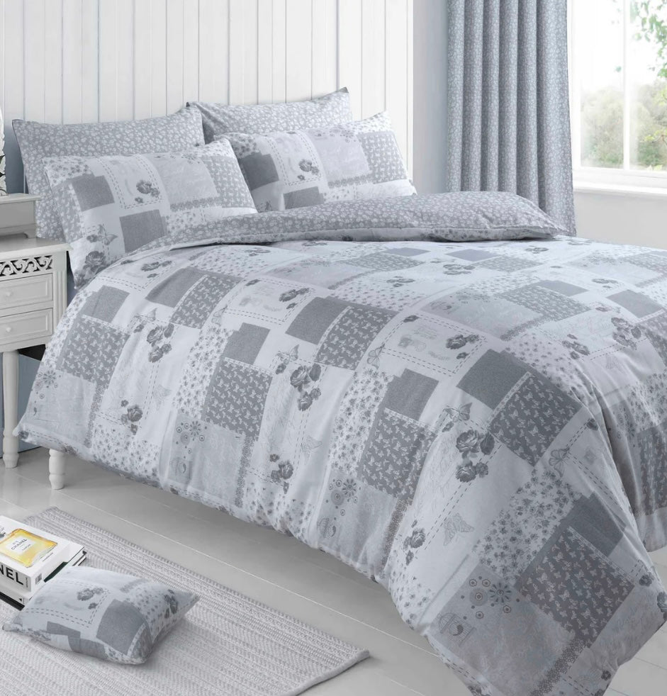 Floral Patchwork Grey Duvet Cover & Pillowcase Set