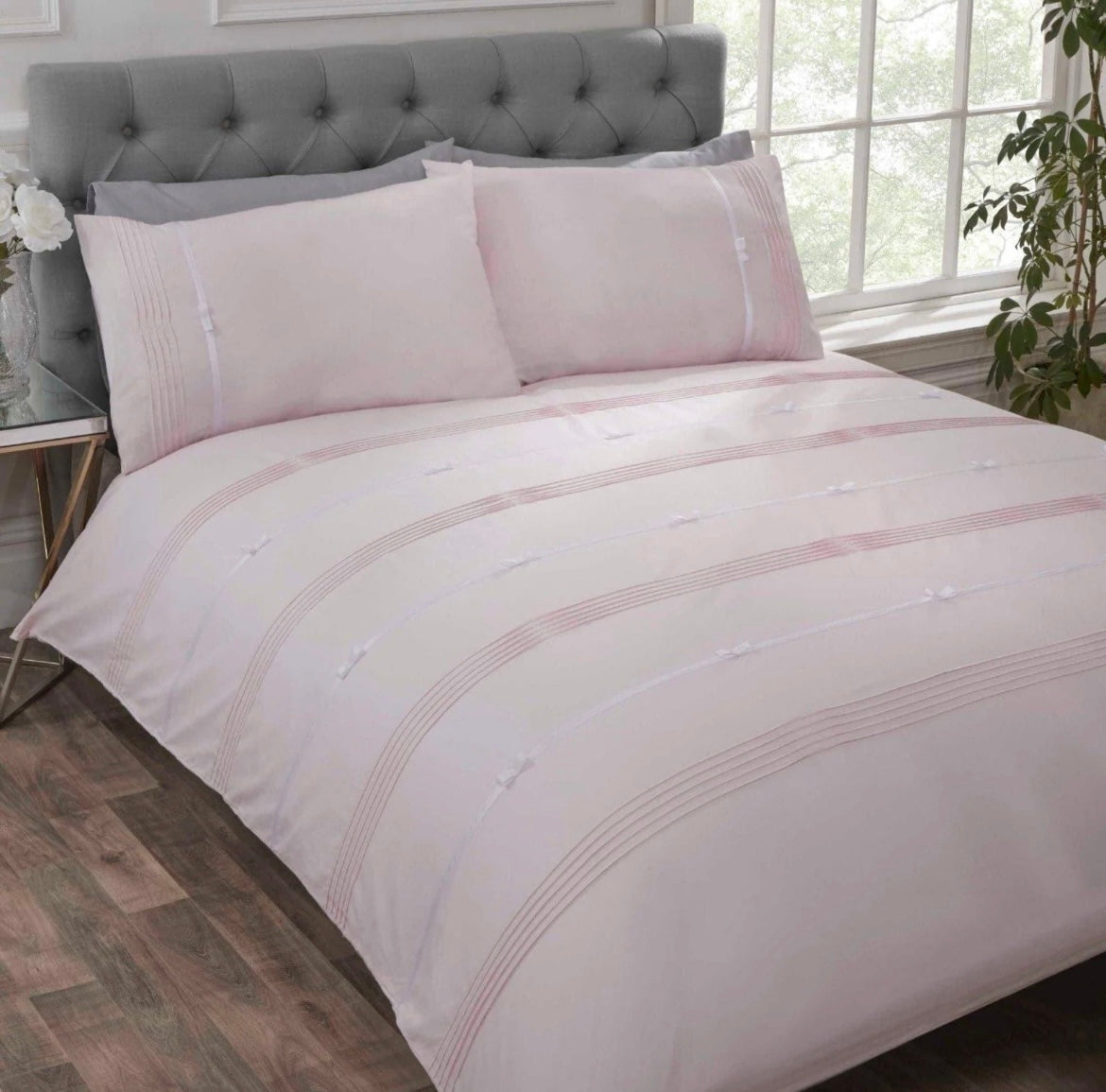 Clarissa Pleated Ribbon Bow Blush Pink Duvet Cover Set