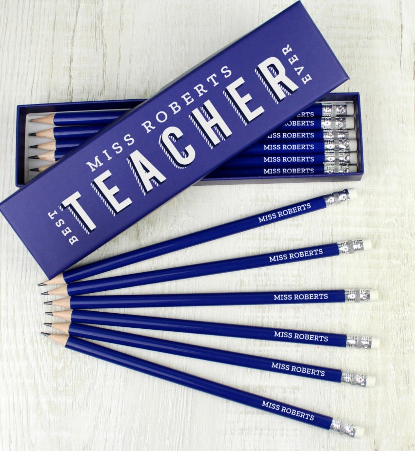 Best Teacher Ever Box and 12 Blue HB Pencils