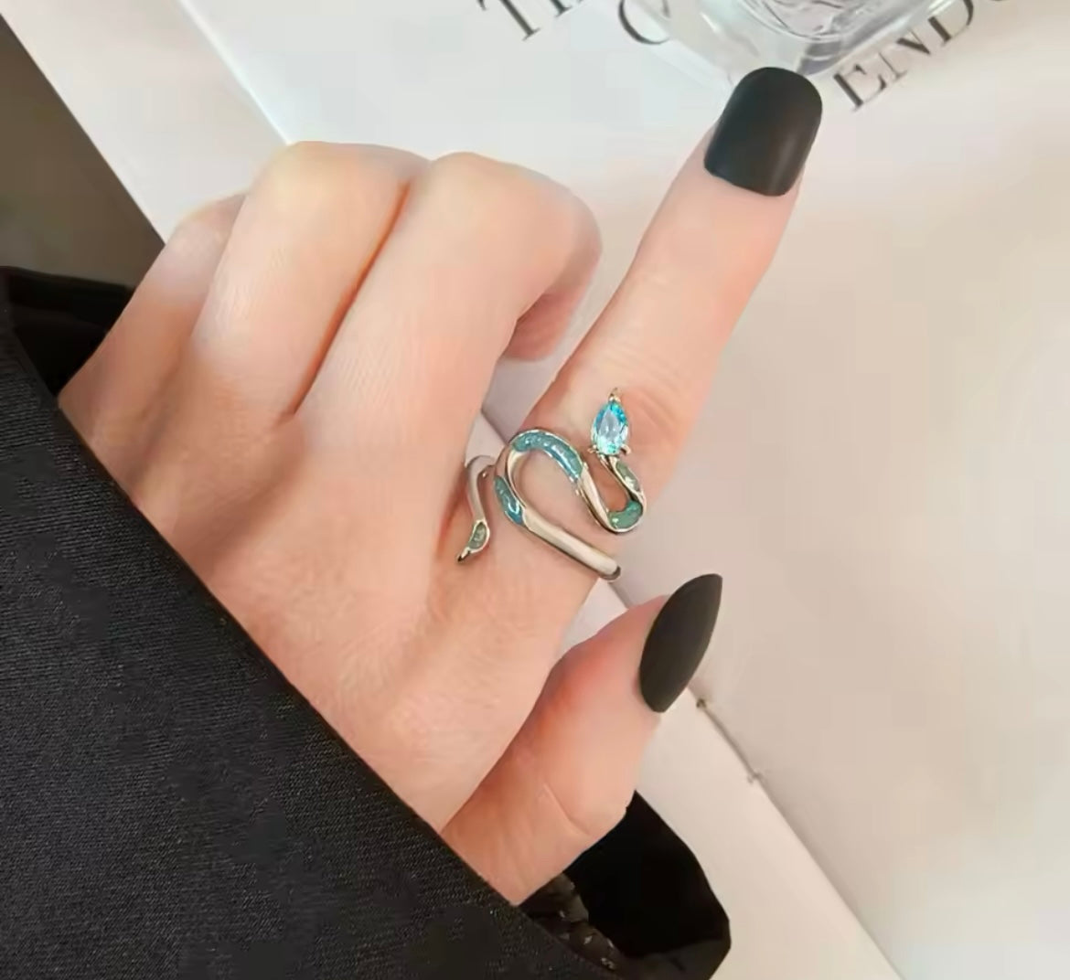 925 Sterling Silver Drip Glue Cyan Snake Ring