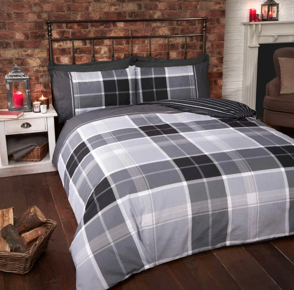 Argyle Tartan Check Reversible Grey Duvet Cover Set