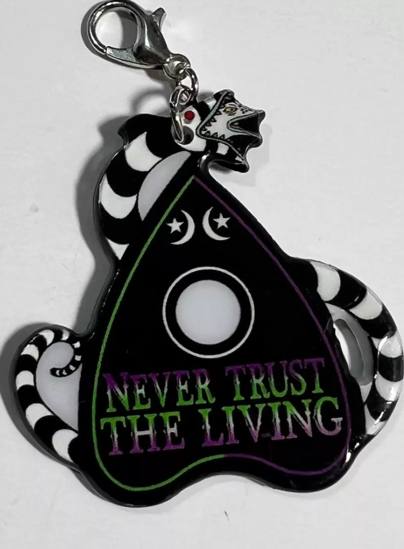 Never Trust The Living” Planchette Bag Clip Double Sided Zip Charm