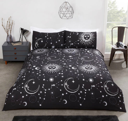 Celestial Metallic Moon & Stars Black Duvet Cover Set