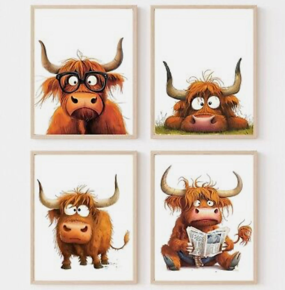 Funny Highland Cows Wall Art Decor 4 Prints