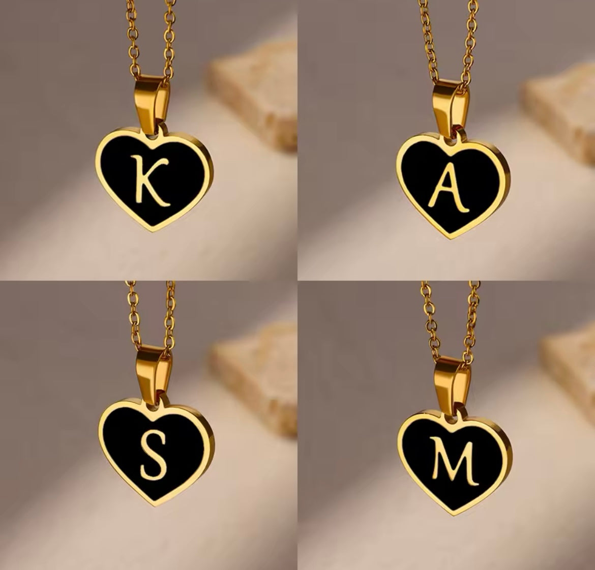 Black Heart Initial Letter Stainless Steel Necklace