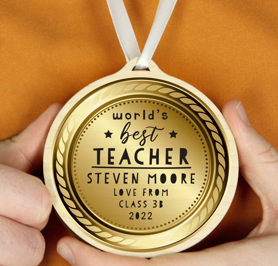 Worlds Best Teacher Round Wooden Medal