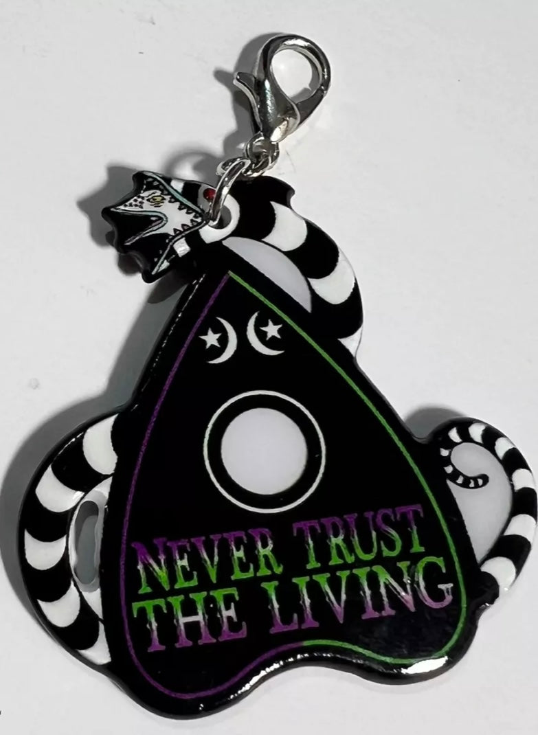 Never Trust The Living” Planchette Bag Clip Double Sided Zip Charm