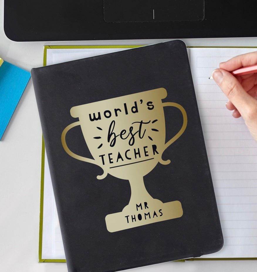 Worlds Best Teacher Trophy Black Hardback Notebook