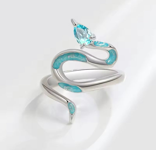 925 Sterling Silver Drip Glue Cyan Snake Ring