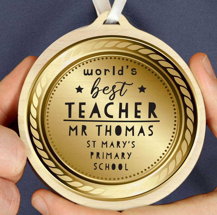 Worlds Best Teacher Round Wooden Medal