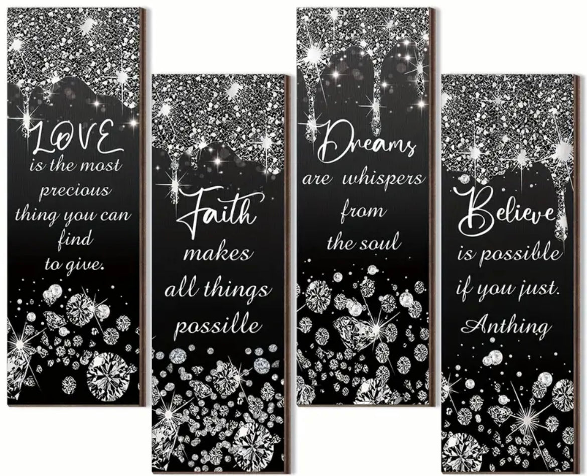 4pcs Glitter Diamond Wooden Inspirational Quote, Wooden Sign Love Faith Believe Dream Wall Deco