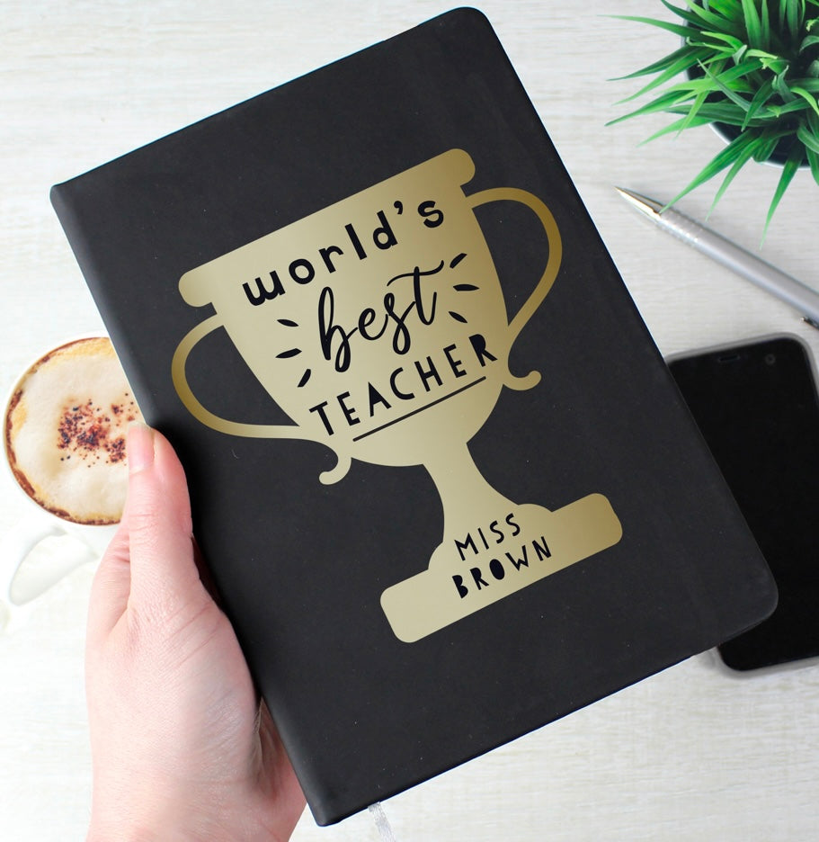 Worlds Best Teacher Trophy Black Hardback Notebook