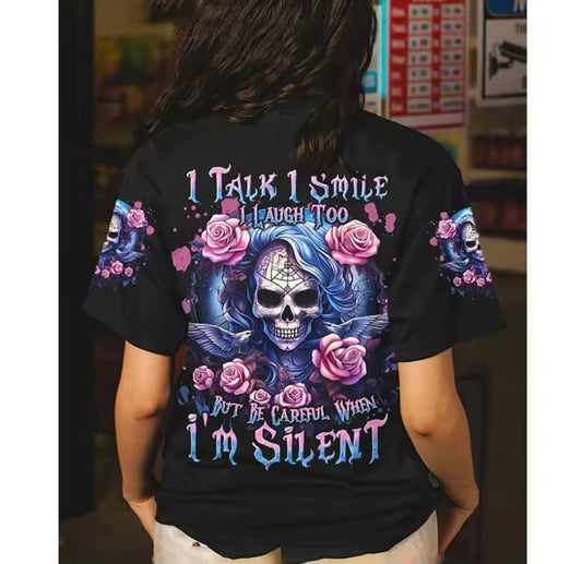 Retro Grunge Skulls Print T-Shirt