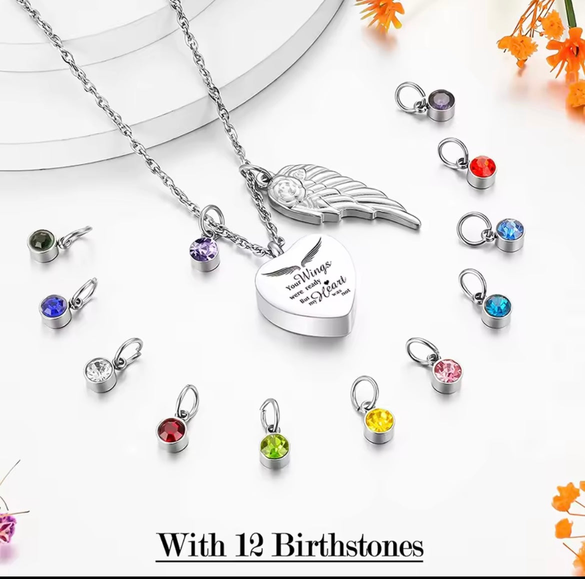 Heart Urn Necklace for Ashes with 12 Birthstones Cremation Jewelry for Ashes Stainless steel