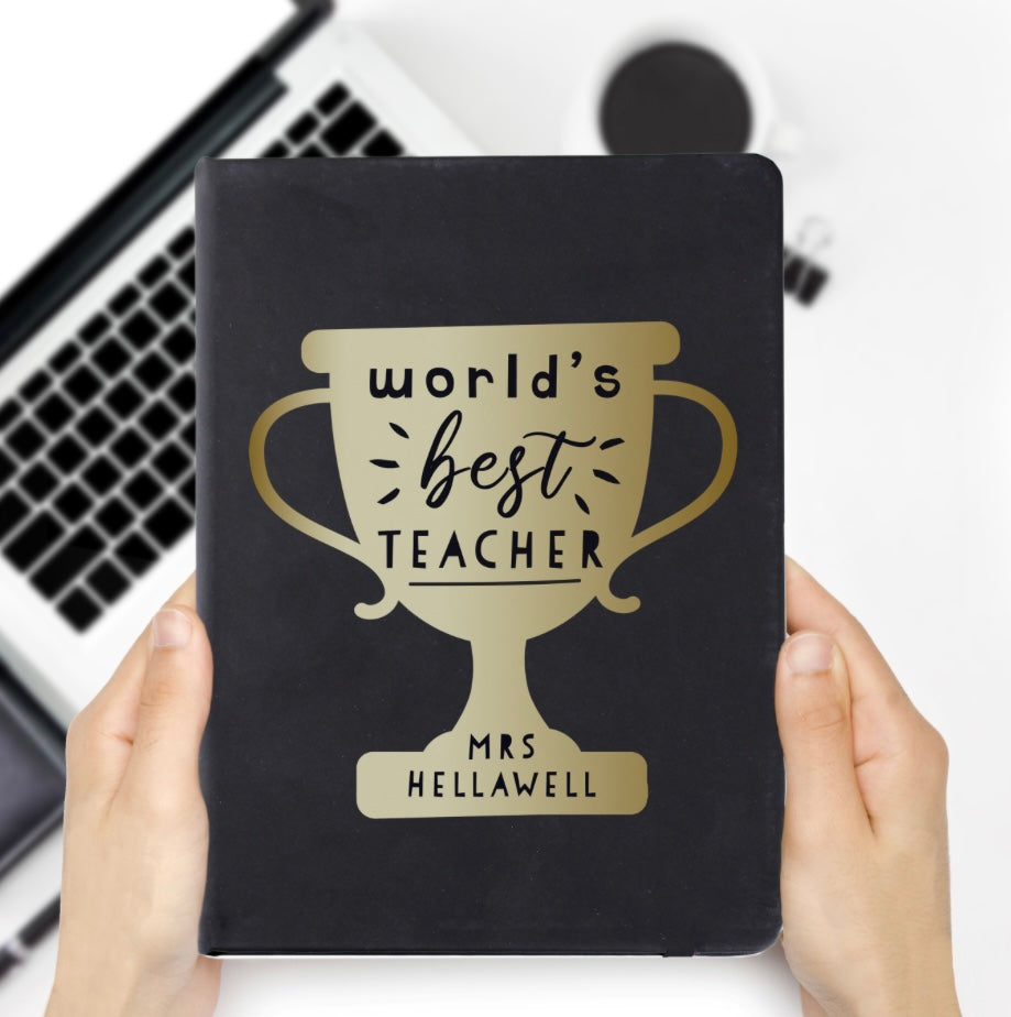 Worlds Best Teacher Trophy Black Hardback Notebook