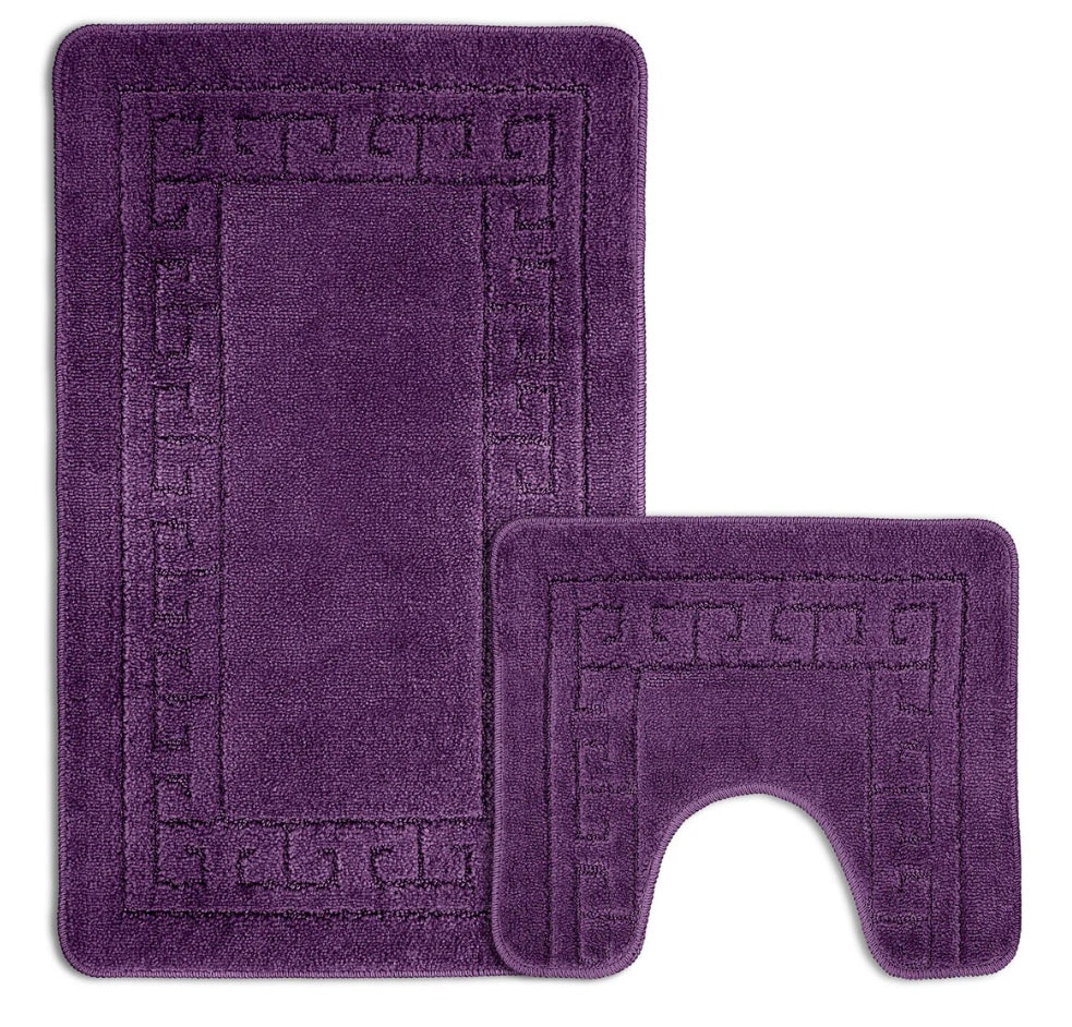 Greek Key Non Slip Aubergine Bath Mat Set- purple