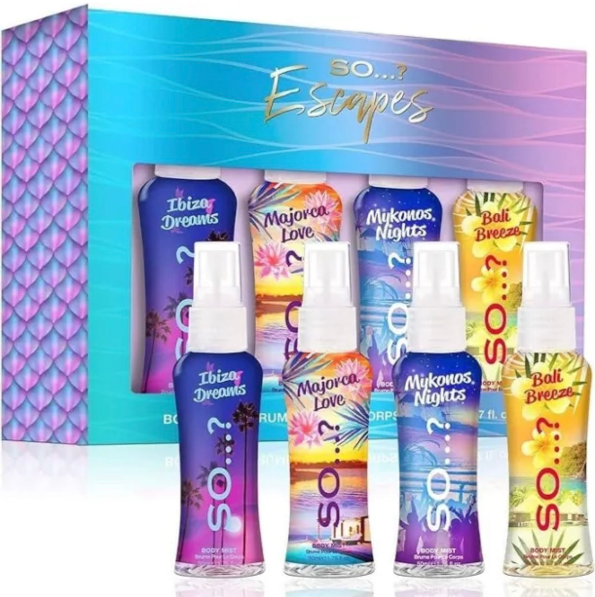 Summer Escapes Body Mist 4x50ml Womens Girls Gift Set, Fragrance Spray Set