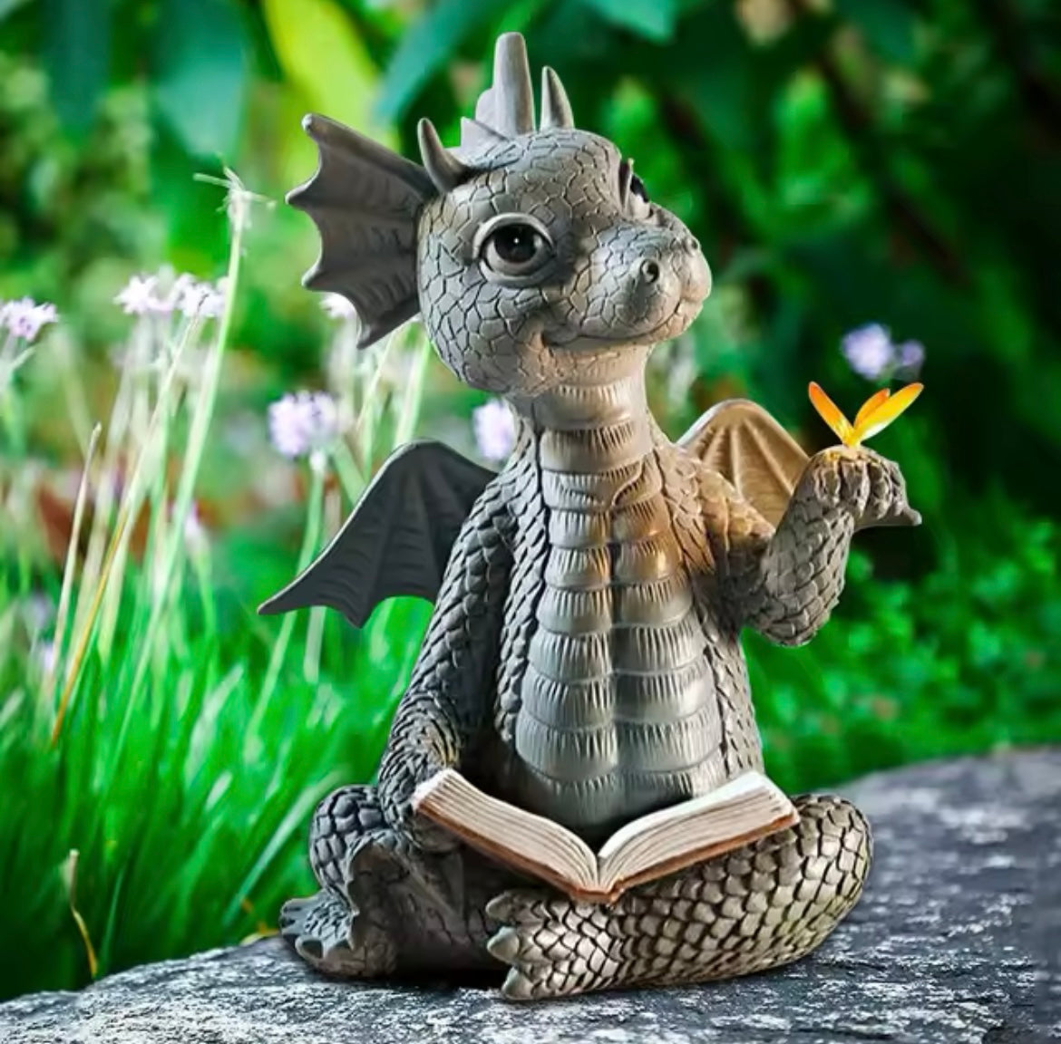 Reading Book Little Dragon Sculpture Cute Little Dragon Resin Garden Dragon Sculptures Art Ornament Gift for Lawn Garden Patio