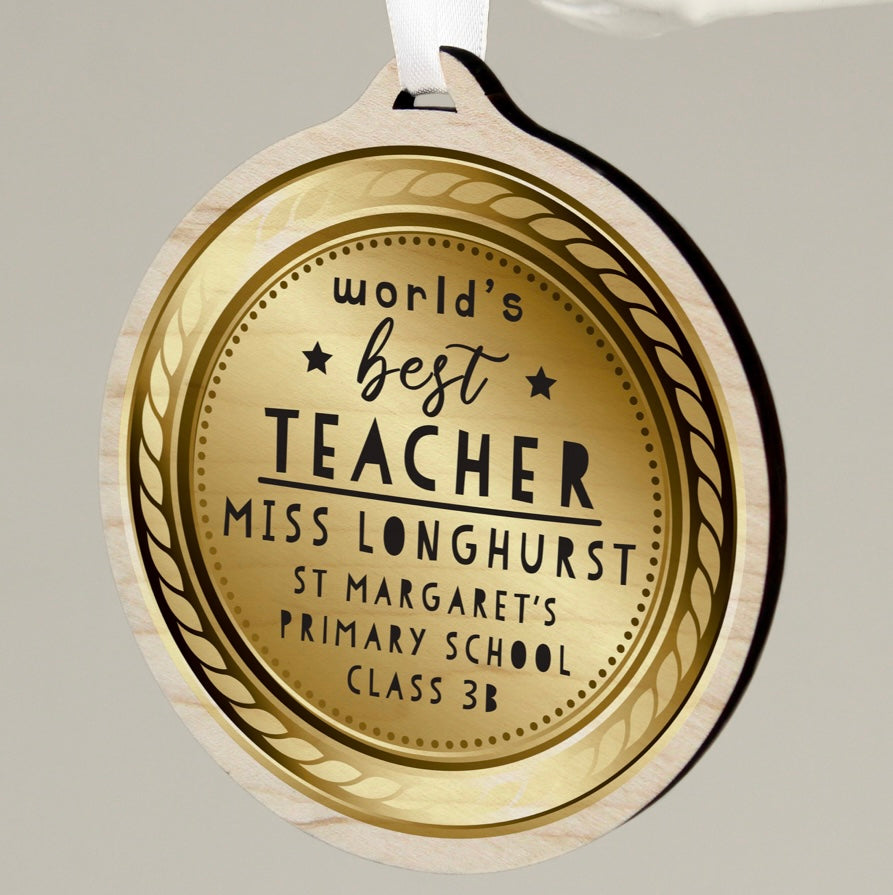 Worlds Best Teacher Round Wooden Medal