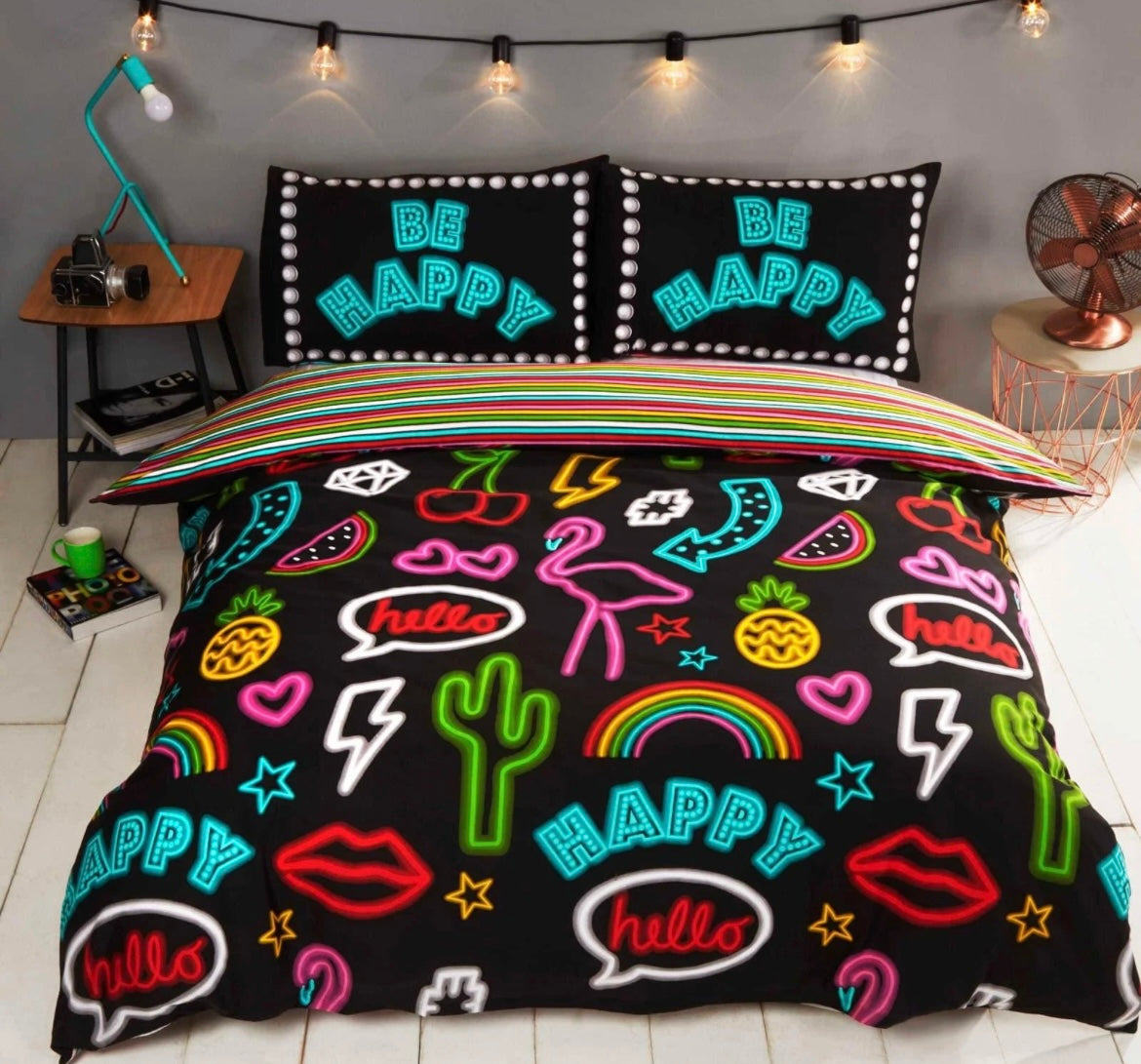 Be Happy Neon Sign Reversible Duvet Cover Set