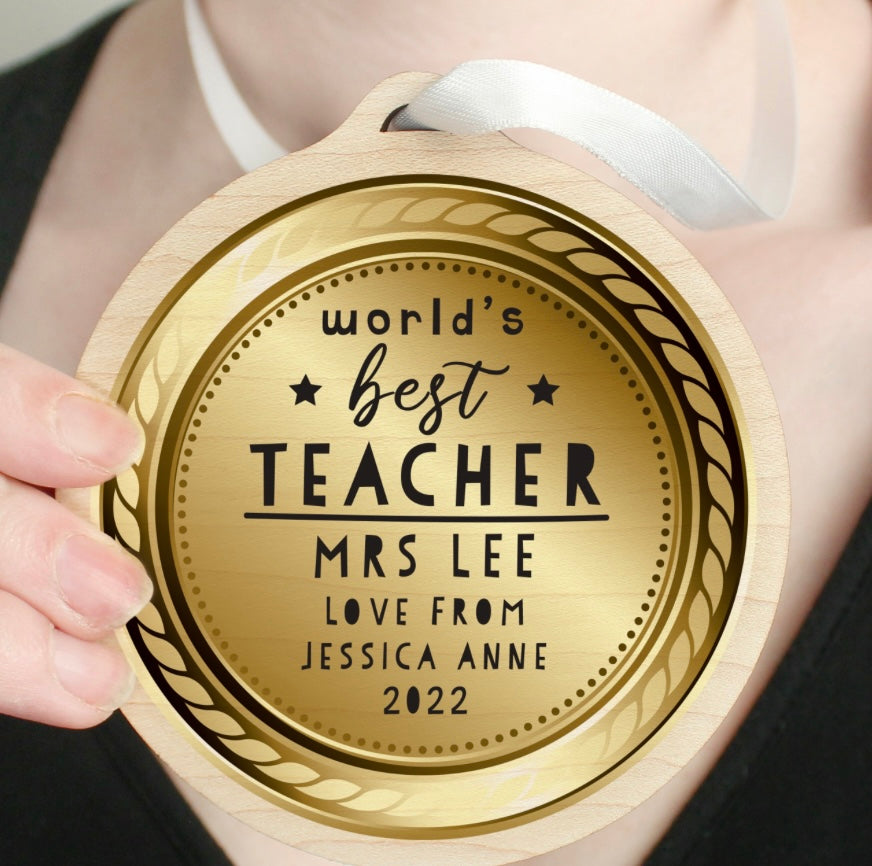 Worlds Best Teacher Round Wooden Medal