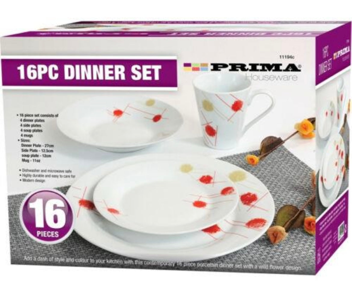 16PC DINNER SET KITCHEN PLATE MUG SIDE BOWL DINNERWARE