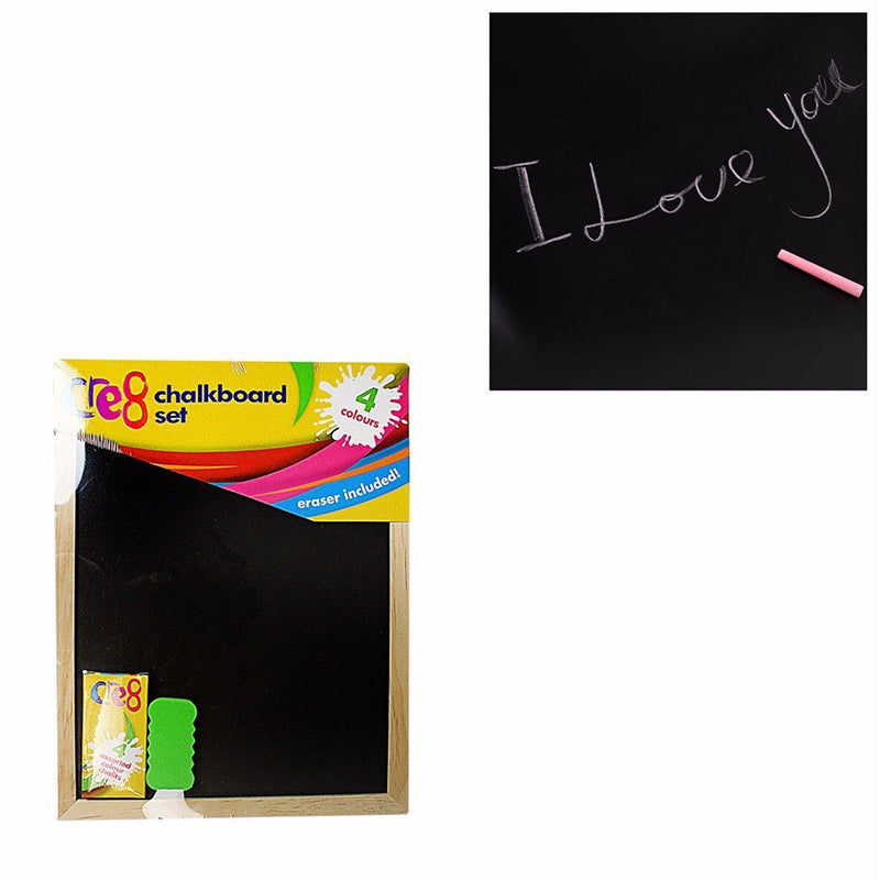 Childrens Black Chalkboard Set with 4 Coloured Chalks and Eraser 30cm x 23cm