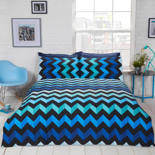 3D Chevron Stripes Reversible Blue Duvet Cover Set