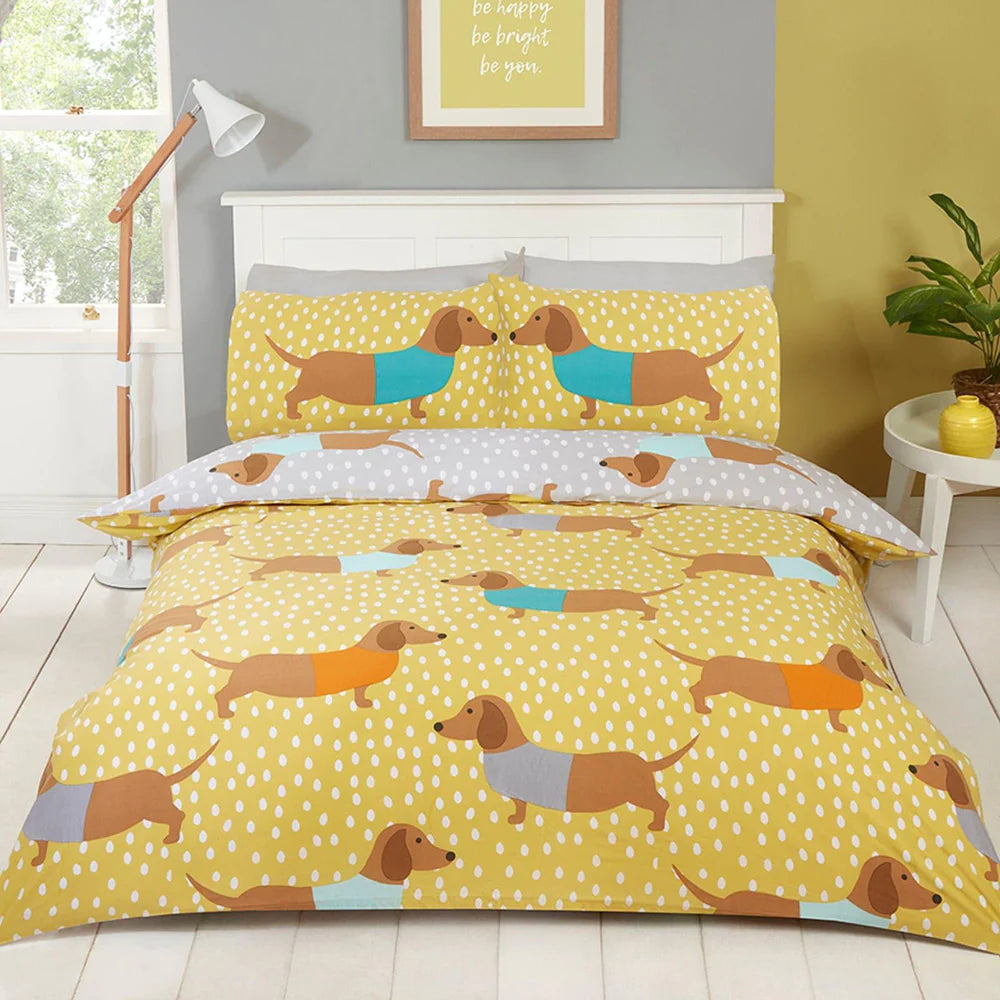 Dolly Dachshund Sausage Dogs Yellow Duvet Cover Set