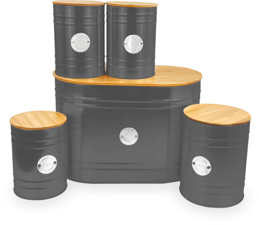 5Pcs Kitchen Storage Tins Canister - Bread Bin- Grey