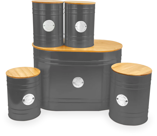 5Pcs Kitchen Storage Tins Canister - Bread Bin- Grey